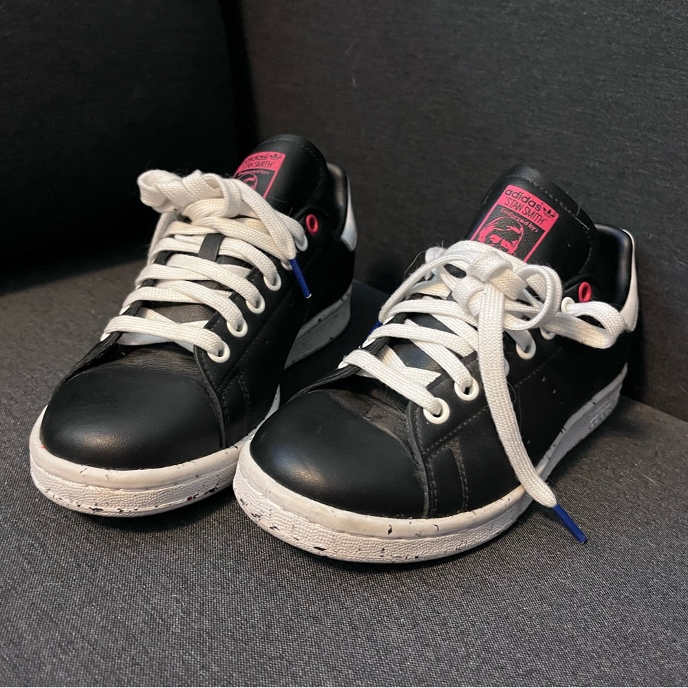adidas Black and White Athletic Shoes with Pink Accents